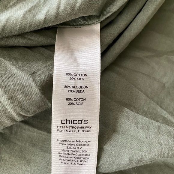 Chicos Size 0( XS)Womens Top Green Silk/Cotton Blend Studded Pockets Long Sleeve - Picture 7 of 14